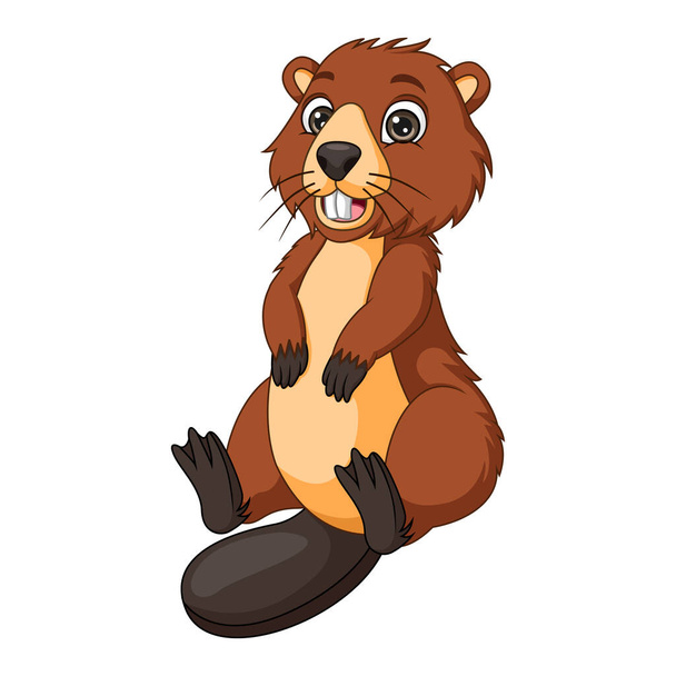 Vector Illustration of Cartoon funny beaver on white background - Vector, Image