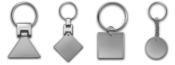 Metal keyring in other shapes, leather keychain, holder trinket for key with metal ring. Silver colored accessories. Realistic template metal keychain set. Blank accessory for corporate identity. - Vector, Image
