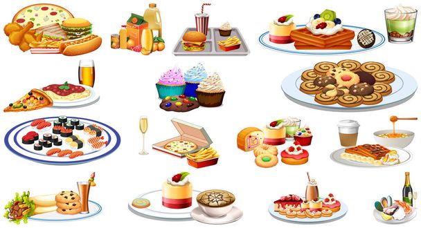 Conjunto de diferentes alimentos y bebidas ilustración - Vector, imagen