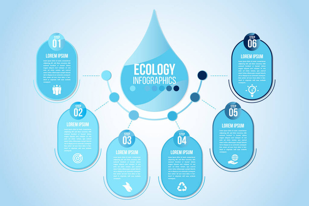 Infographic eco water blue design elements process 6 steps or options parts with drop of water. Ecology organic nature vector business template for presentation. - Vektor, Bild