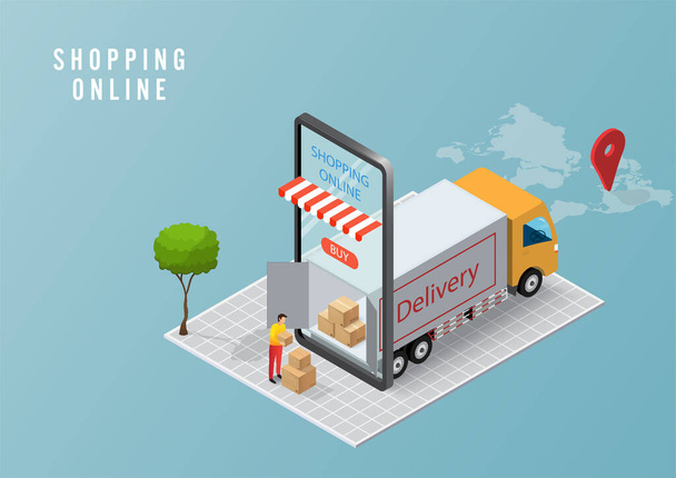 Online bezorgservice concept, online ordertracking, Logistiek levering thuis en op kantoor op mobiel. Vectorillustratie - Vector, afbeelding
