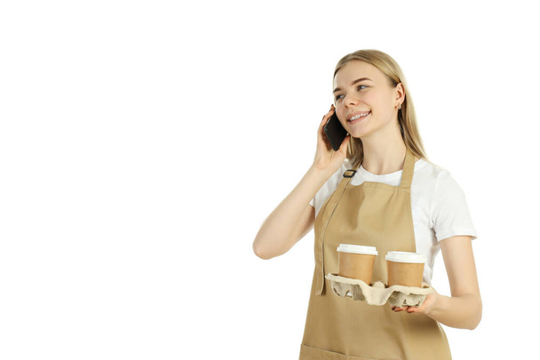 Молода жінка офіціантка ізольована на білому тлі
 - Фото, зображення