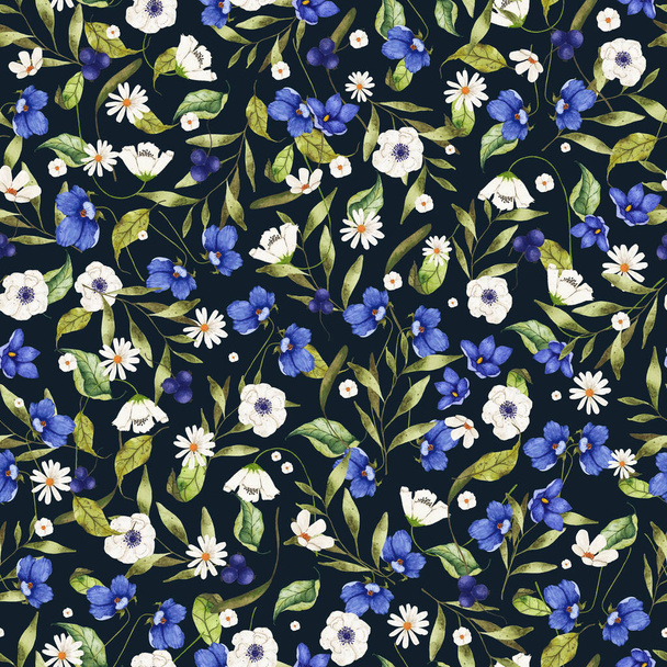 Watercolor seamless pattern with wild flowers blue and white on dark background. Floral fabric textile packaging design illustration - Foto, Imagem
