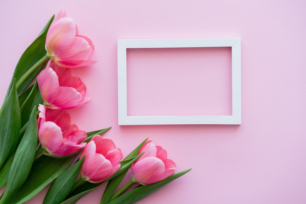 vista superior de flores en flor cerca de marco blanco en rosa  - Foto, imagen