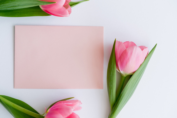 top view of pink tulips near pastel envelope on white - Foto, afbeelding