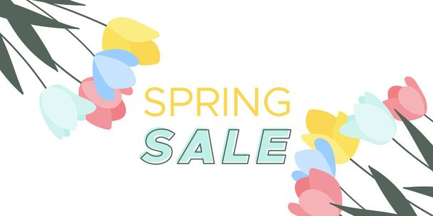 Spring sale. Text and tulips. Pastel colors. Hand drawn style. Floral spring inspiration. Vector illustration, flat design - Vektor, Bild