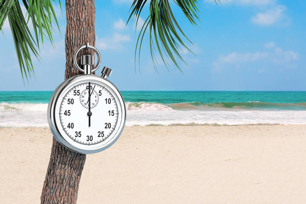 Ocean Sand Beach arka planında bir palmiye ağacında asılı krom saat. 3d Hazırlama  - Fotoğraf, Görsel