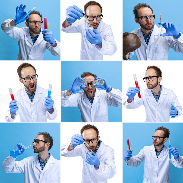Collage. Portrait of young scientist, chemist or doctor conducts chemical research at pharmaceutical lab - Foto, immagini