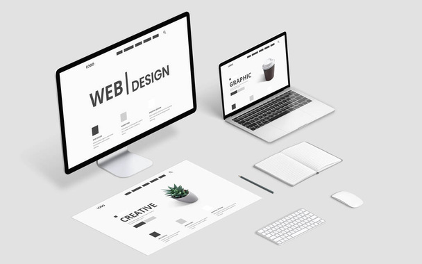 Изометрический стол студии веб-дизайна с компьютерным дисплеем, ноутбуком и дизайном страницы - Фото, изображение