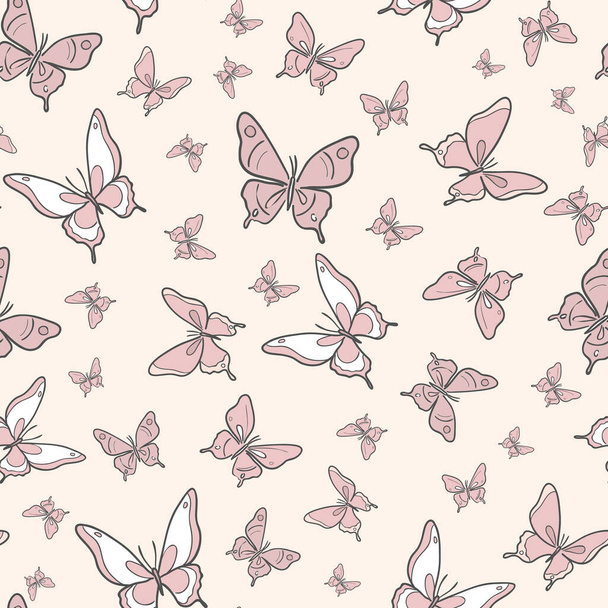 Pastel nude butterfly seamless repeat pattern design, cute butterfly vector wallpaper. Girly spring pattern background. - Vetor, Imagem