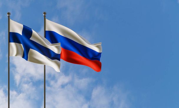 Bandiere di Finlandia e Russia. Cielo blu e bandiera Finlandia e Russia. Lavoro 3D e immagine 3D - Foto, immagini