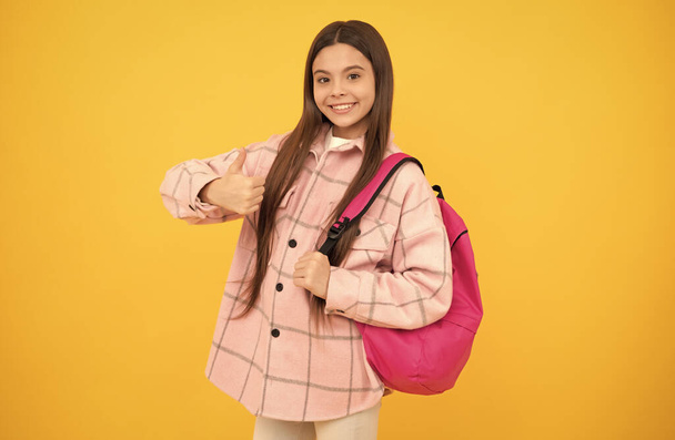 幸せな子供の女の子はピンクのチェックシャツを着て学校のバックパックを運ぶ、親指アップ - 写真・画像