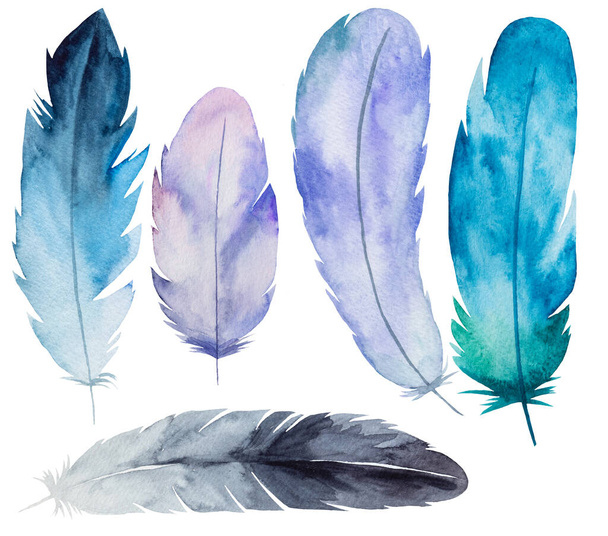 Watercolor blue, light purple and grey feather, Bohemian illustration isolated. Monochrome elements set for boho wedding stationery, greeting cards and other printing and craft projects - 写真・画像