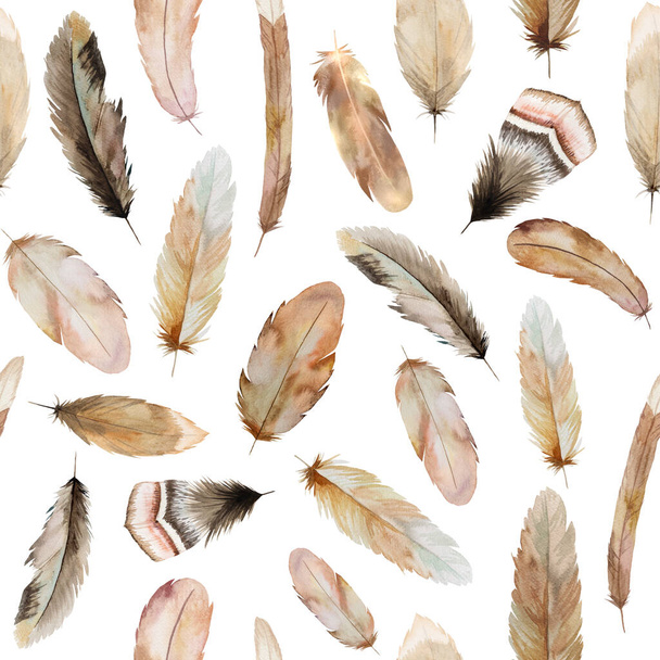 Watercolor seamless pattern made of brown and beige feathers, Bohemian illustration isolated. Monochrome element for boho wedding stationery, greeting cards and other printing and craft projects - Photo, Image