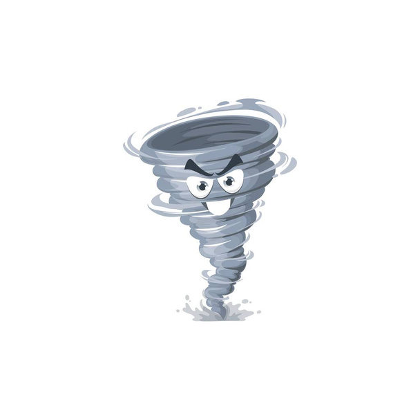 Personagem de tornado de desenhos animados, tempestade ou turbilhão, ciclone. Previsão de mau tempo, tempestade ou furacão, meteorologia ícone vetor isolado. Vórtice de tornado engraçado ou personagem redemoinho - Vetor, Imagem