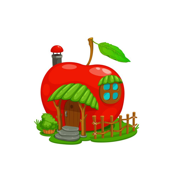 Rajzfilm mese piros alma gyümölcs ház épület. A vektor tündér, manó vagy törpe lakozik benne. Aranyos fantázia otthon lombkorona fölött fa ajtó, ablak, lépcső és kémény a tetőn zöld levél szárán - Vektor, kép