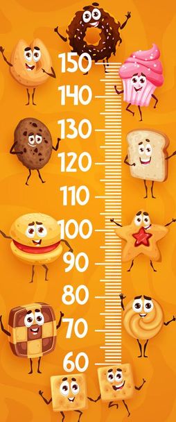 Sarjakuva evästeet, leipomo ja jälkiruokia lasten korkeus kaavio. Lapsen kasvu mitata hallitsija hauska munkkeja, cupcake ja keksejä evästeet vektori merkkiä. Lasten kasvua mittaava mittari tai tarra - Vektori, kuva