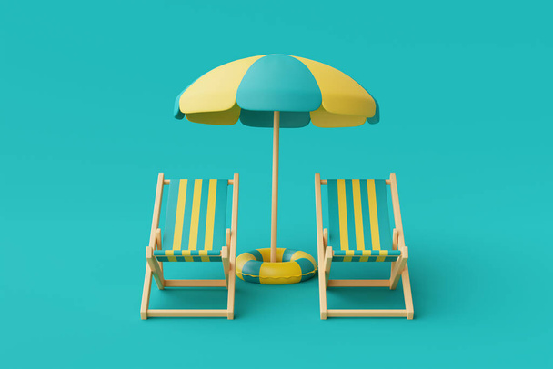 青の背景に隔離されたビーチチェア、傘と夏の要素と夏休みの概念の3Dレンダリング、最小限のスタイル。. - 写真・画像
