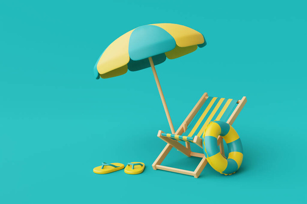 Rendering 3d del concetto di vacanza estiva con sedia a sdraio, ombrellone ed elementi estivi isolati su sfondo blu, stile minimo.Rendering 3d. - Foto, immagini