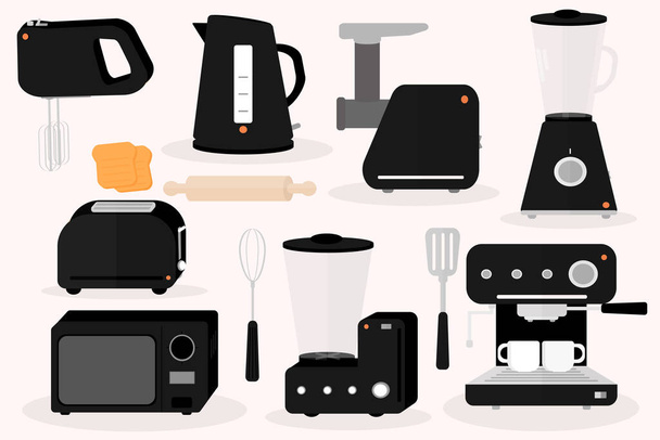 set of equipment for the kitchen kettle microwave blender mixer meat grinder coffee maker toaster - Vector, Image