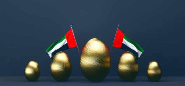 Mutlu Paskalyalar, Birleşik Arap Emirlikleri. Altın yumurtalar ve Birleşik Arap Emirlikleri bayrağıyla donatılmış bir arka plan. Üç boyutlu çalışma ve üç boyutlu görüntü. Boşluğu kopyala - Fotoğraf, Görsel