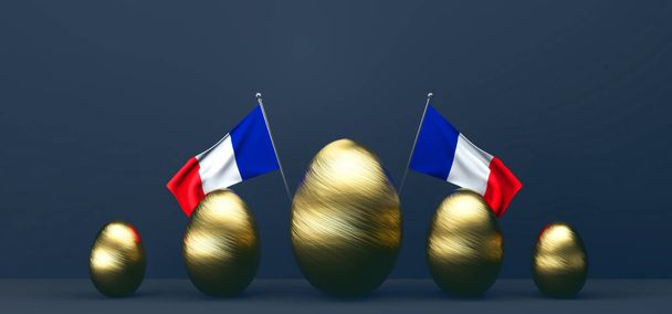 Feliz Páscoa, Páscoa França. Fundo com ovos de ouro e bandeira da França. Trabalho 3D e imagem 3D. espaço de cópia - Foto, Imagem