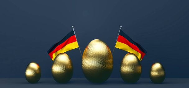 Feliz Páscoa, Alemanha de Páscoa. Antecedentes com ovos de ouro e bandeira Alemanha. Trabalho 3D e imagem 3D. espaço de cópia - Foto, Imagem