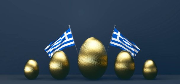 Hyvää pääsiäistä, pääsiäinen Kreikka. Tausta kultamunia ja lippu Kreikka. 3D-työ ja 3D kuva. kopioi tila - Valokuva, kuva