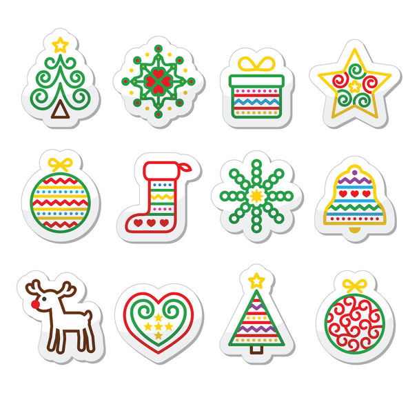Christmas icons with stroke - Xmas tree, present, reindeer - Vetor, Imagem