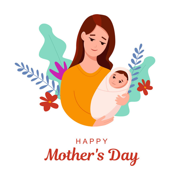 Happy Mother's Day. Vector cartoon illustration of a mother holding a newborn baby in her arms.  - Vektor, Bild