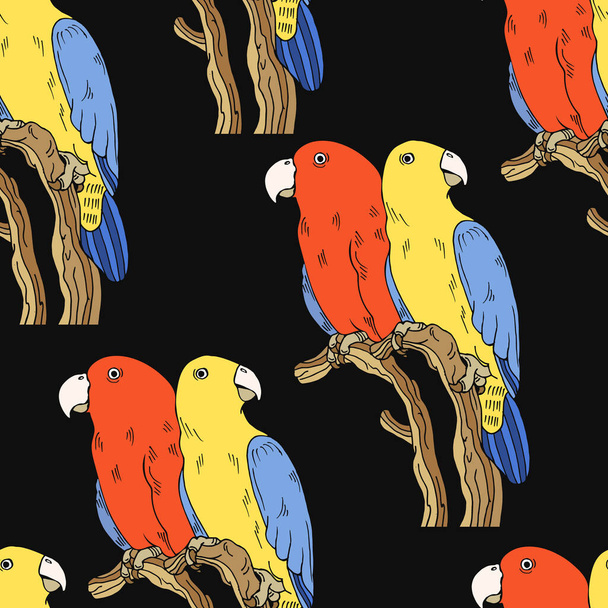 Бесшовный узор, нарисованный вручную разноцветными попугаями, сидящими на ветке, на черном фоне. Печать, текстиль, обои, декор для пастельного белья - Вектор,изображение