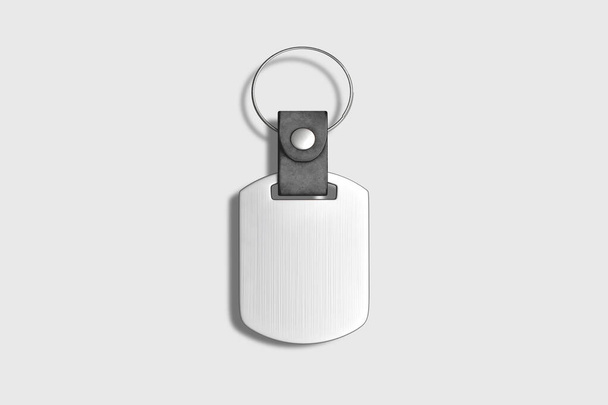 Metalen rechthoek sleutelhanger met zilveren sleutelhanger geïsoleerd op witte achtergrond. 3D weergave. Mock-up - Foto, afbeelding