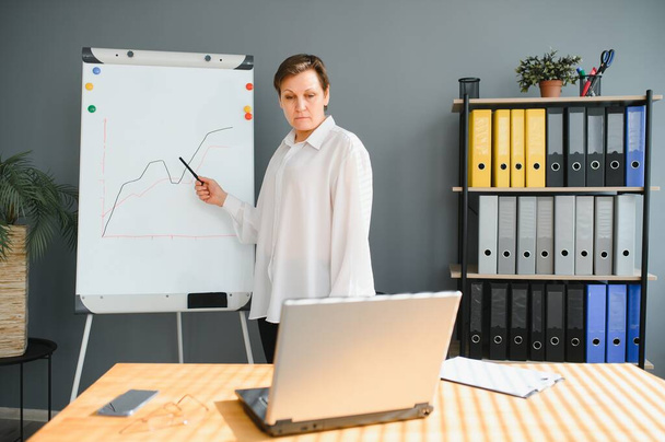 Itsevarma nainen suorittaa webinaari, liiketoiminnan koulutus verkossa. Online valmentaja seisoo lähellä flip kaavion edessä kannettavan tietokoneen ja selittää jotain online-yleisö - Valokuva, kuva