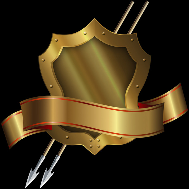 Medieval gold shield with two spears and ribbon. - Фото, изображение