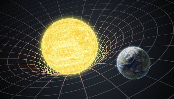 Die Erde rotiert um die Sonne. Gravitation und allgemeine Relativitätstheorie. 3D gerenderte Illustration. - Foto, Bild