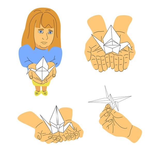 Szomorú lány origami daruval, gyerekek imádkoznak a békés égért, nyitott kezek papírdaruval. Nincs háború Ukrajnában set, japán szimbóluma a béke vektor illusztráció - Vektor, kép
