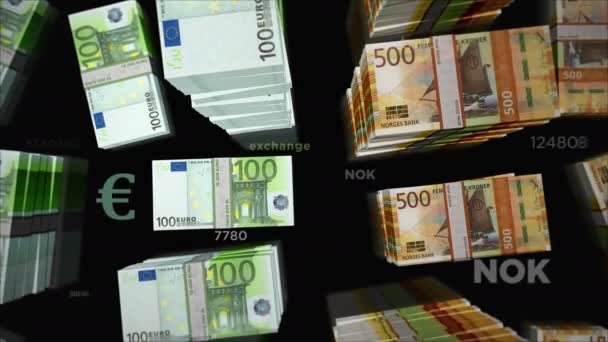 Euro ve Norveç Krone para değişimi. Kağıt banknotlar tomar tomar. Ticaret, ekonomi, rekabet, kriz, bankacılık ve finans kavramı. Döngüsüz 3D canlandırma notaları. - Video, Çekim