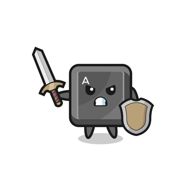 lindo botón de teclado soldado luchando con espada y escudo, lindo diseño - Vector, imagen