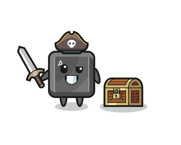 the keyboard button pirate character holding sword beside a treasure box , cute design - Vector, Image
