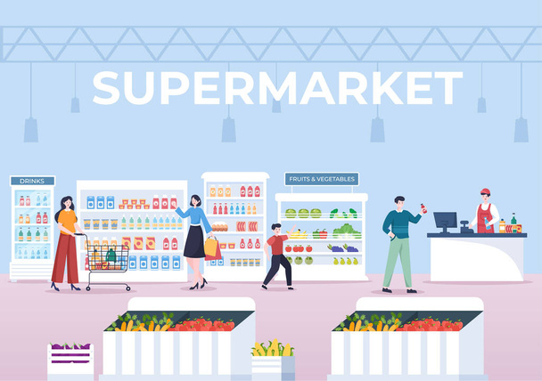Supermercado con estantes, artículos de comestibles y carrito de compras completo, venta al por menor, productos y consumidores en ilustración plana de fondo de dibujos animados - Vector, Imagen