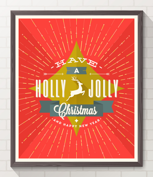 Type Christmas design with deer and sunburst rays - flat style poster in wooden frame on white brick wall. Vector illustration - Wektor, obraz