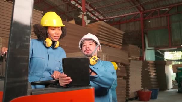 Ázsiai férfi mérnök biztonsági egyenruhában és keménykalapban és női munkás kollégák vizsgálják meg a tárolást, a raktárkészletet, a halom karton gyártást, az ipari termékkezelést.. - Felvétel, videó