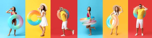 Conjunto de personas con anillos inflables sobre fondo de color - Foto, Imagen