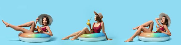 Set of beautiful young girl with inflatable ring and cocktail on blue background - Photo, Image