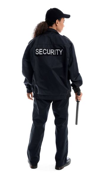 Protector de seguridad afroamericano con bastón sobre fondo blanco - Foto, imagen