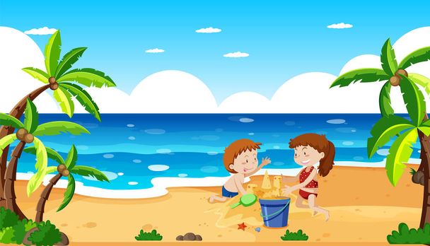 Scena con persone sulla spiaggia illustrazione - Vettoriali, immagini