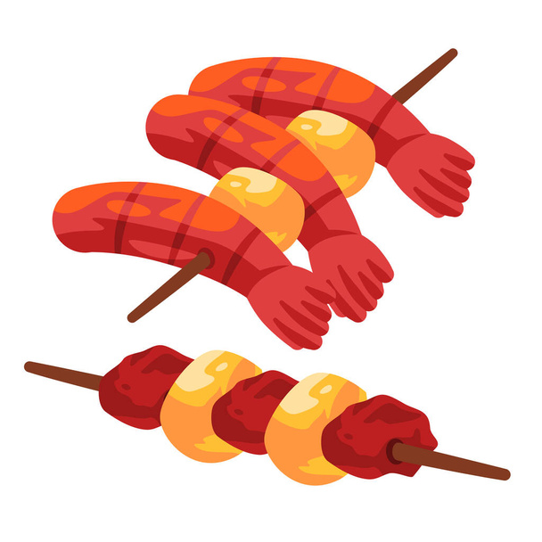 Krewetki krewetki szpikulec mięso grill satay kij tradycyjny chiński azjatycki żywności rysunek ilustracja - Wektor, obraz