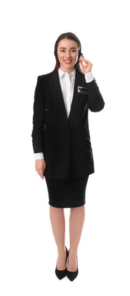 Full length portrait of receptionist with headset on white background - Foto, Imagem