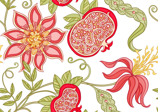 Decorative pomegranate fruits and flowers in art nouveau style, - Vector, Image