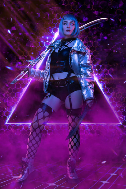 Glamorous cyberpunk girl with sword agianst violet background - Photo, Image